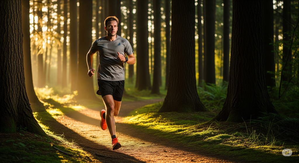 Osoba biegająca po lesie