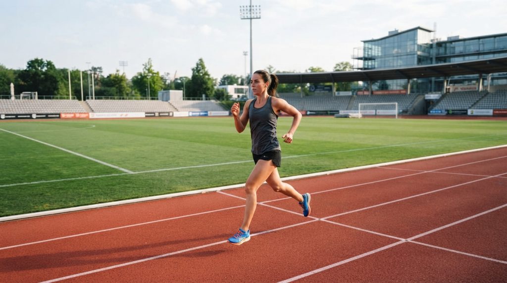 Na zdjęciu przedstawiona jest dynamiczna scena sportowa zarejestrowana na profesjonalnym stadionie lekkoatletycznym