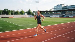 Na zdjęciu przedstawiona jest dynamiczna scena sportowa zarejestrowana na profesjonalnym stadionie lekkoatletycznym