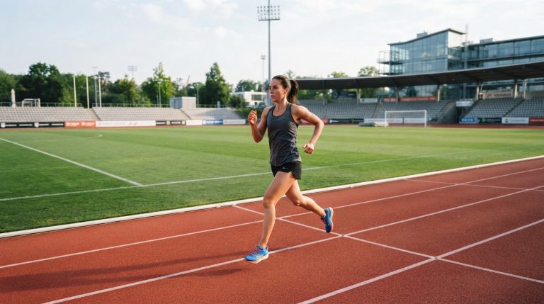 Na zdjęciu przedstawiona jest dynamiczna scena sportowa zarejestrowana na profesjonalnym stadionie lekkoatletycznym